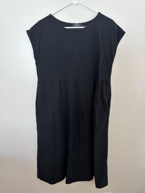 100% Cotton Classic Cottagecore Basico Black Cap-Sleeve Midi Dress with Pockets